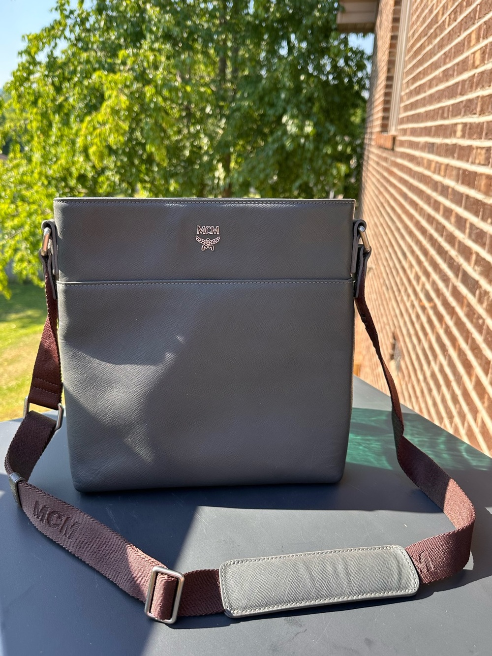 MCM Charcoal Messenger Bag with Brown Strap